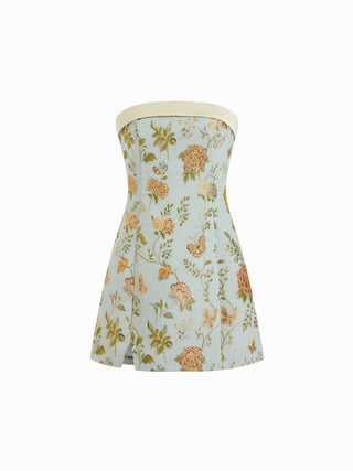 Jacquard Floral Bandeau A-line Mini Dress With Bowknot Scarf