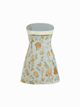 Jacquard Floral Bandeau A-line Mini Dress With Bowknot Scarf