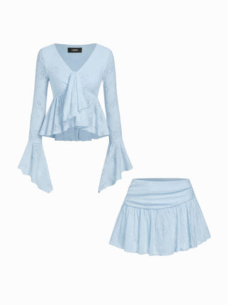 Lace V-neck Pointelle Bell Sleeve Crop Top With Ruched Mini Skirt Set