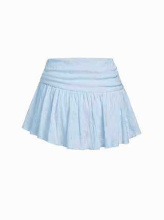 Lace V-neck Pointelle Bell Sleeve Crop Top With Ruched Mini Skirt Set