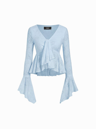 Lace V-neck Pointelle Bell Sleeve Crop Top With Ruched Mini Skirt Set
