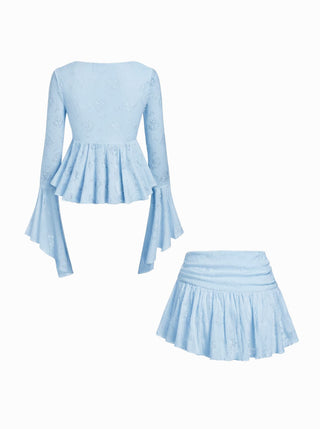 Lace V-neck Pointelle Bell Sleeve Crop Top With Ruched Mini Skirt Set