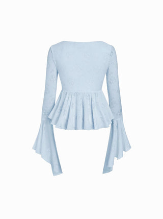 Lace V-neck Pointelle Bell Sleeve Crop Top With Ruched Mini Skirt Set