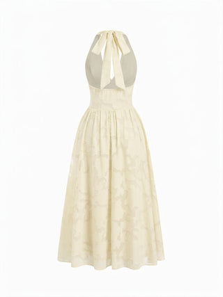 Jacquard Floral Halter Neckline Backless Flared Maxi Dress