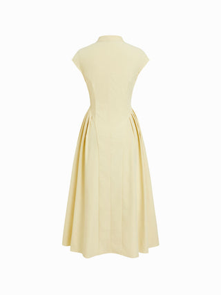 Stand Collar Tie-Neck Short Sleeve Draped Pocket Flared Maxi Dress