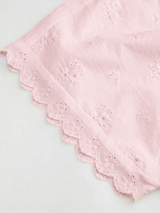 Cotton V-neck Broderie Anglaise Pleated Shirred Short Sleeve Blouse