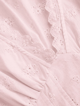 Cotton V-neck Broderie Anglaise Pleated Shirred Short Sleeve Blouse