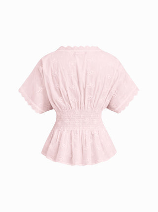 Cotton V-neck Broderie Anglaise Pleated Shirred Short Sleeve Blouse