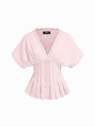 Cotton V-neck Broderie Anglaise Pleated Shirred Short Sleeve Blouse