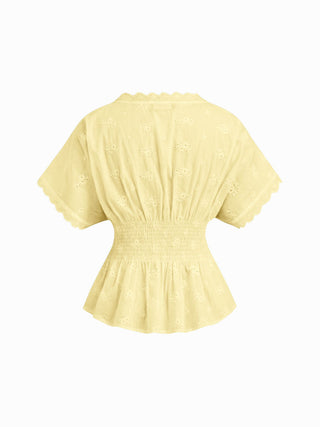 Cotton V-neck Broderie Anglaise Pleated Shirred Short Sleeve Blouse