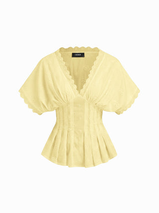 Cotton V-neck Broderie Anglaise Pleated Shirred Short Sleeve Blouse