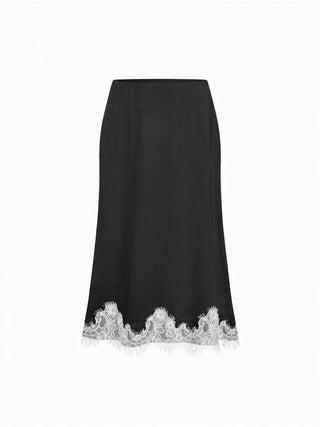 Satin Mid Rise Polka Dot Lace Trim A-line Midi Skirt
