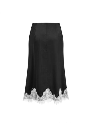 Satin Mid Rise Polka Dot Lace Trim A-line Midi Skirt