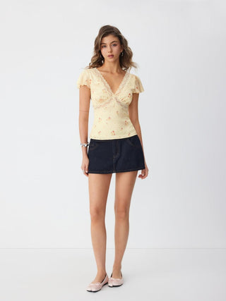 Satin Floral V-neck Ruffle Sleeve Lace Trim Blouse
