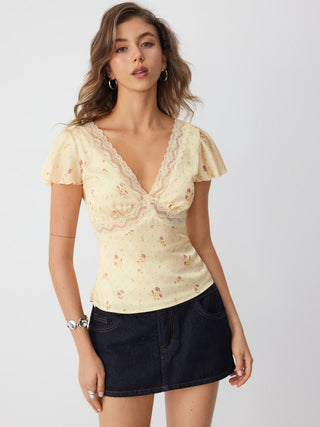 Satin Floral V-neck Ruffle Sleeve Lace Trim Blouse