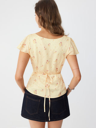 Satin Floral V-neck Ruffle Sleeve Lace Trim Blouse