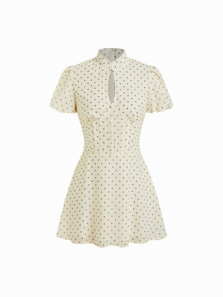 Chiffon Polka Dot Stand Collar Puff Sleeve A-line Mini Dress