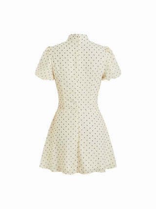 Chiffon Polka Dot Stand Collar Puff Sleeve A-line Mini Dress