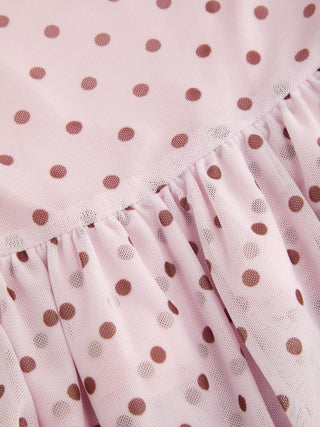 Mesh Polka Dot V-neck Ruched Tiered Short Sleeve Mini Dress
