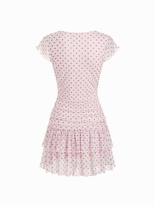Mesh Polka Dot V-neck Ruched Tiered Short Sleeve Mini Dress