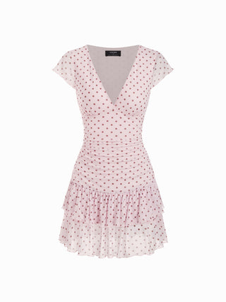 Mesh Polka Dot V-neck Ruched Tiered Short Sleeve Mini Dress