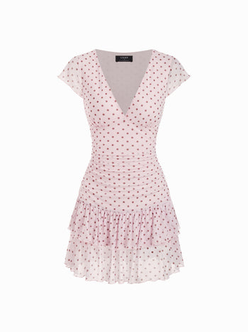 Mesh Polka Dot V-neck Ruched Tiered Short Sleeve Mini Dress