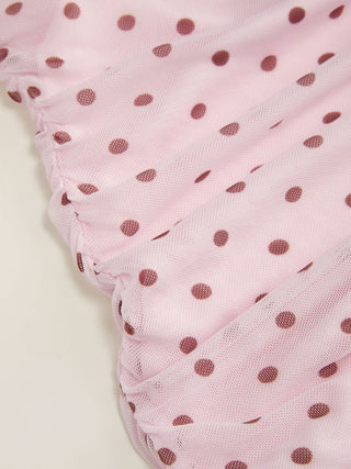 Mesh Polka Dot V-neck Ruched Tiered Short Sleeve Mini Dress