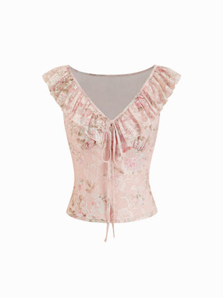 Lace Floral V-neck Sleeveless Tie Front Ruffle Slim Top