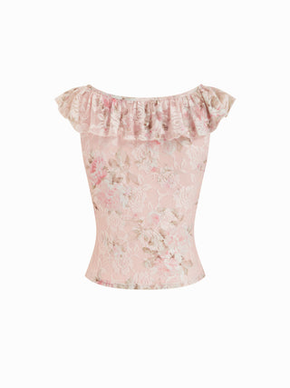 Lace Floral V-neck Sleeveless Tie Front Ruffle Slim Top