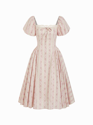 Cotton Floral Puff Sleeve Lace Trim Bowknot Flared Maxi Dress