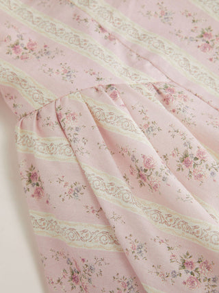 Cotton Floral Puff Sleeve Lace Trim Bowknot Flared Maxi Dress