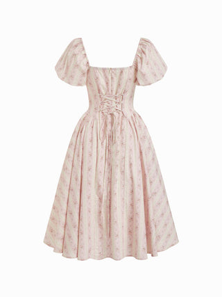 Cotton Floral Puff Sleeve Lace Trim Bowknot Flared Maxi Dress