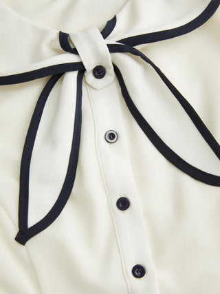 Chiffon Peter Pan Collar Short Sleeve Bowknot Contrast Binding Blouse
