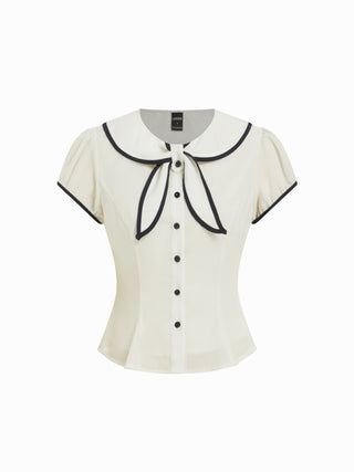 Chiffon Peter Pan Collar Short Sleeve Bowknot Contrast Binding Blouse