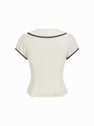 Chiffon Peter Pan Collar Short Sleeve Bowknot Contrast Binding Blouse