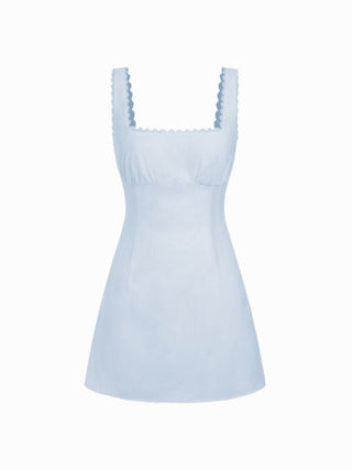 Cotton Textured Square Neck Lace Trim A-line Mini Dress
