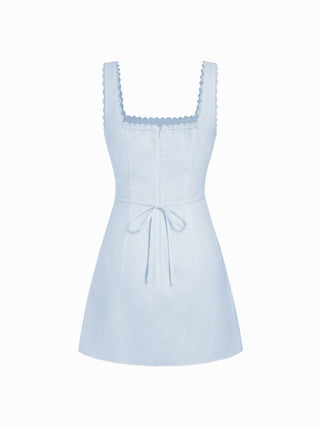 Cotton Textured Square Neck Lace Trim A-line Mini Dress