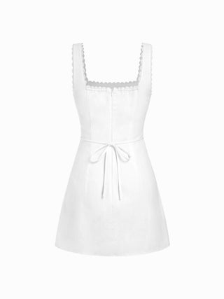 Cotton Textured Square Neck Lace Trim A-line Mini Dress