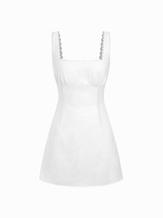 Cotton Textured Square Neck Lace Trim A-line Mini Dress