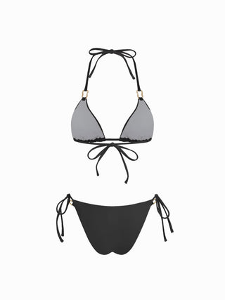 Halter Neckline Ring Linked Triangle Tie Side Bikini Set With Metal Ring Detail Sarong