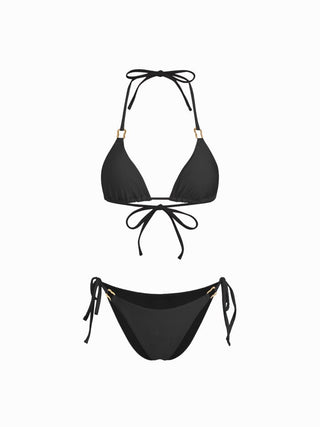 Halter Neckline Ring Linked Triangle Tie Side Bikini Set With Metal Ring Detail Sarong