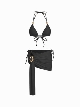 Halter Neckline Ring Linked Triangle Tie Side Bikini Set With Metal Ring Detail Sarong
