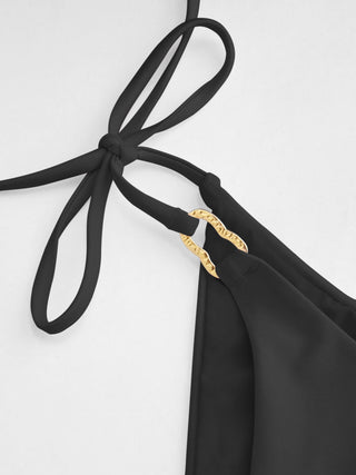 Halter Neckline Ring Linked Triangle Tie Side Bikini Set With Metal Ring Detail Sarong