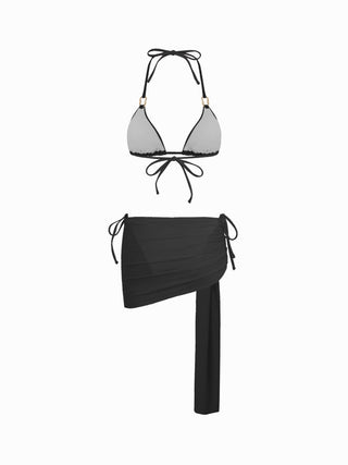 Halter Neckline Ring Linked Triangle Tie Side Bikini Set With Metal Ring Detail Sarong