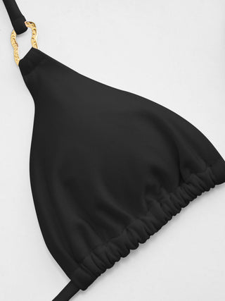 Halter Neckline Ring Linked Triangle Tie Side Bikini Set With Metal Ring Detail Sarong