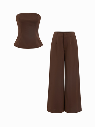 High Stretch Peplum Bandeau Top & Mid Rise Wide Leg Trousers Set