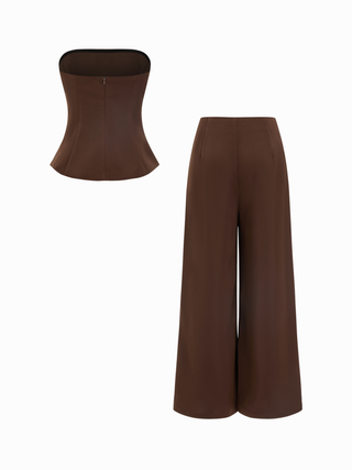 High Stretch Peplum Bandeau Top & Mid Rise Wide Leg Trousers Set