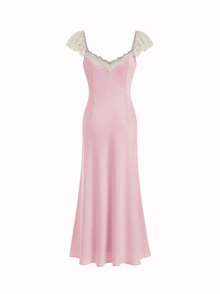 Satin Sweetheart Ruffle sleeve Lace Panel Ruched Mermaid Maxi Dress