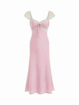 Satin Sweetheart Ruffle sleeve Lace Panel Ruched Mermaid Maxi Dress