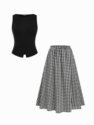 Cotton Button Top &  Gingham A-line Maxi Skirt Set